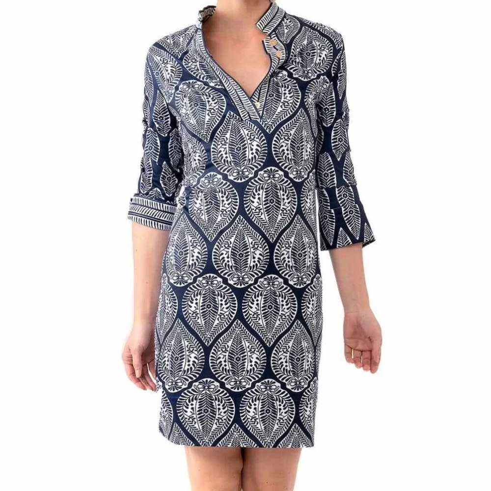 Gretchen Scott Jersey Mandarin Collar Indian Summer Blue White Stretchy Dress S